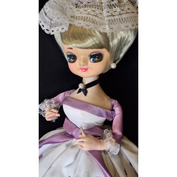 Vintage Doll Big Eyes Blue Southern Bell Dress Purple Lavender Needs TLC MCM - Picture 3 of 7